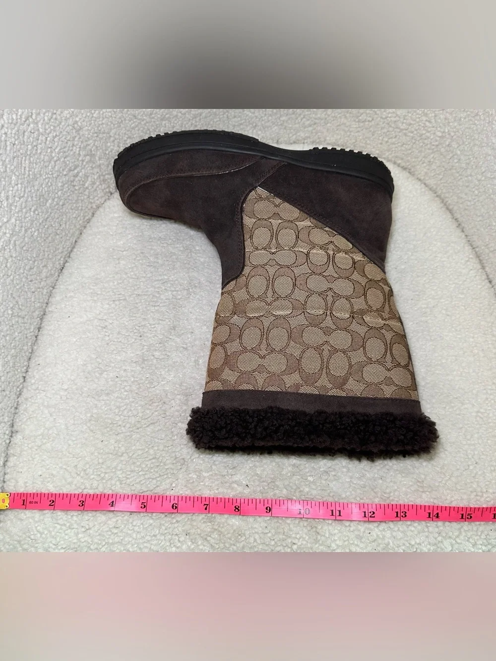 Coach Sherman Signature Logo Shearling Trim‎ Winter Snow Boots Brown Suede 8.5